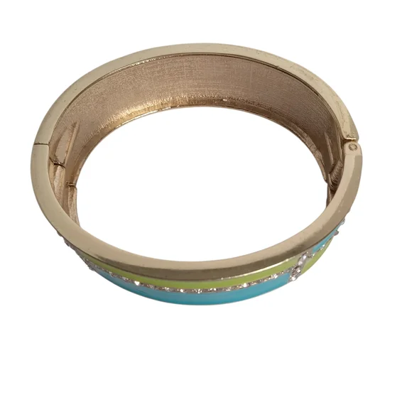 VINTAGE ENAMEL HINGED BANGLE BRACELET PLAID COLOR BLOCK DESIGN‎    GREEN & BLUE - Picture 7 of 8